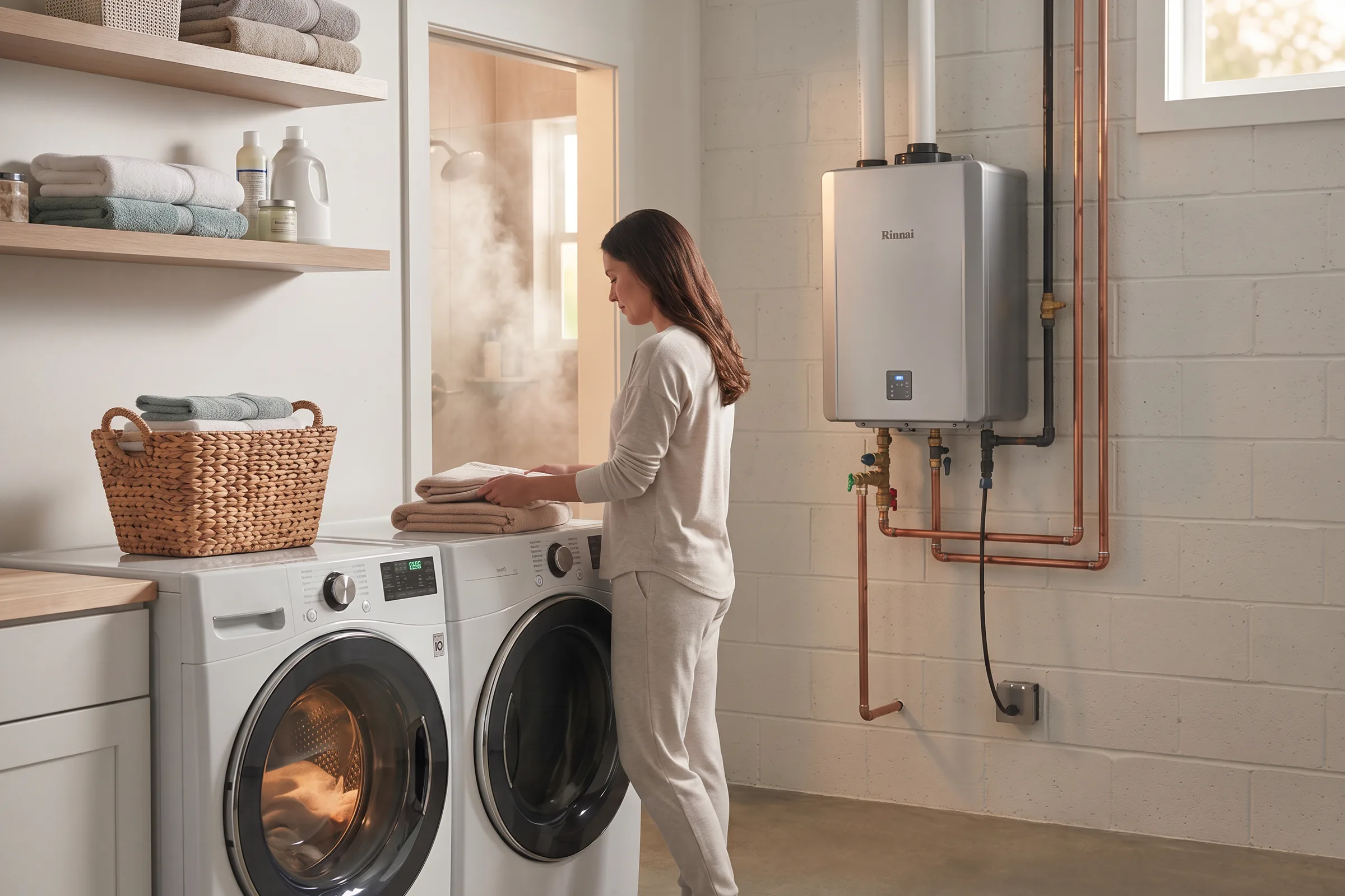 Rinnai tankless water heater installed in a laundry room with copper supply lines